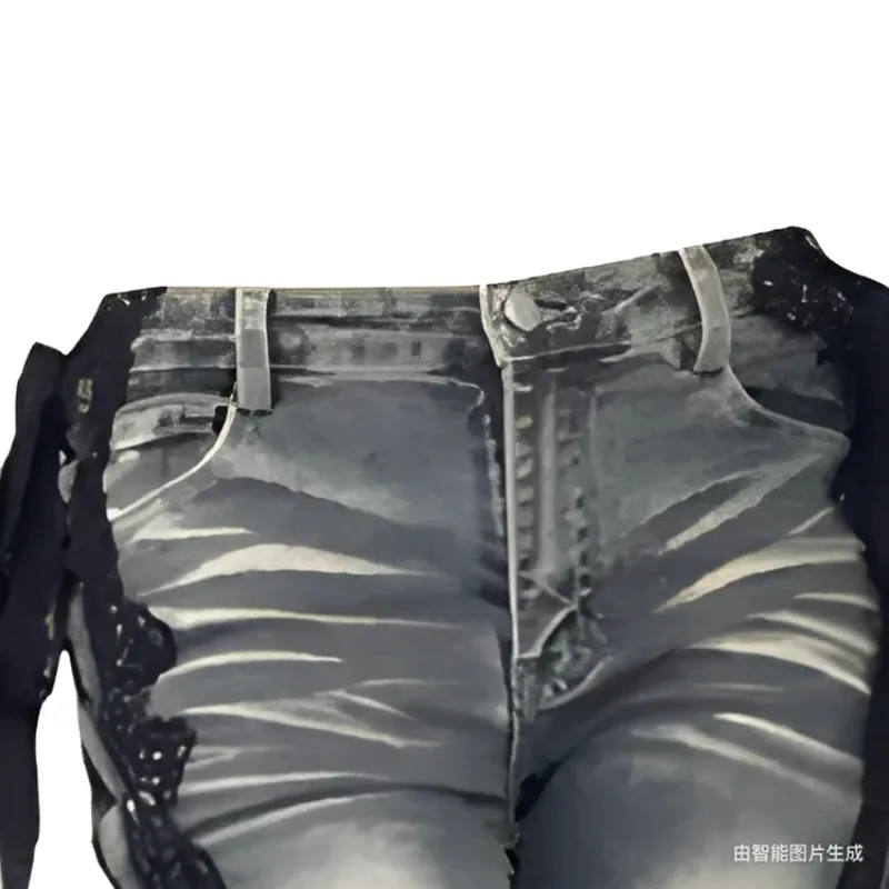 سراويل نسائية منخفضة الارتفاع بفتحات ربيعية وأربطة جينز مضيئة بغرز كلاسيكية من الدانتيل قيعان جرس رفيعة ملابس الشارع