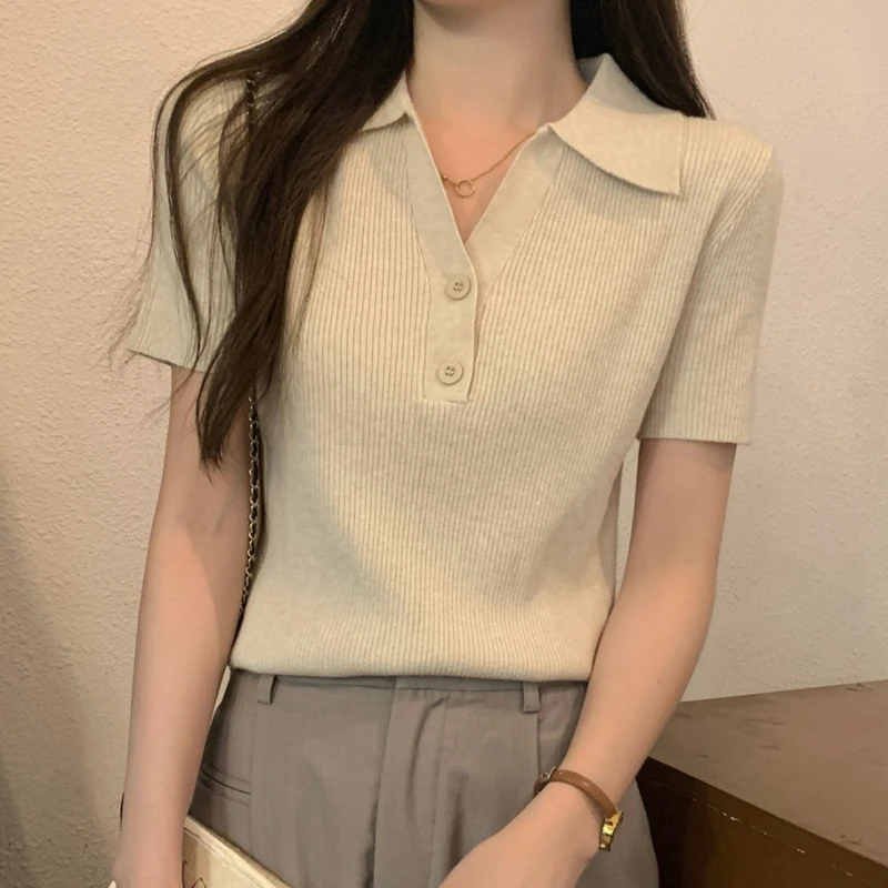 Short Sleeve Knit Polo Sweater Women Summer Crop Tops Shirts Teen-girl Golf Chic Retro Preppy Tennis Core