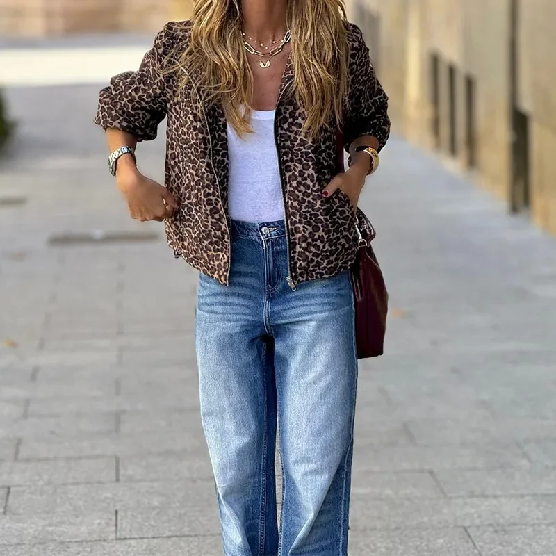 

Elegant Chic Long Sleeve Zipper Pocket Loose Jacket Female Outwear Streetwear 2025 Autumn Winter Women Leopard Print Hooded Coat