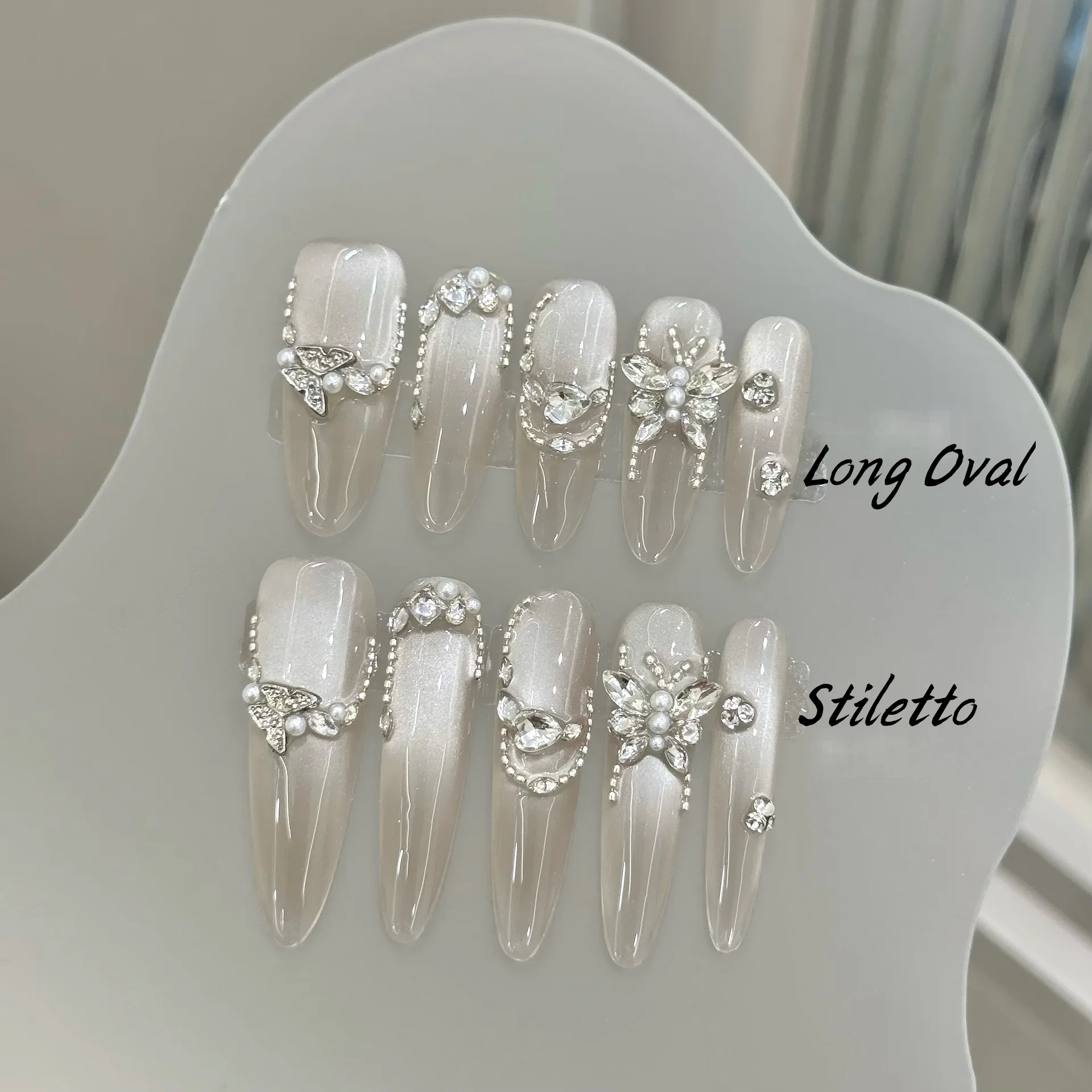 

10PCS Oval/Stiletto Press On Nail, Simple Temperament to Drill Butterflies, Suitable For Parties And Daily Wear.