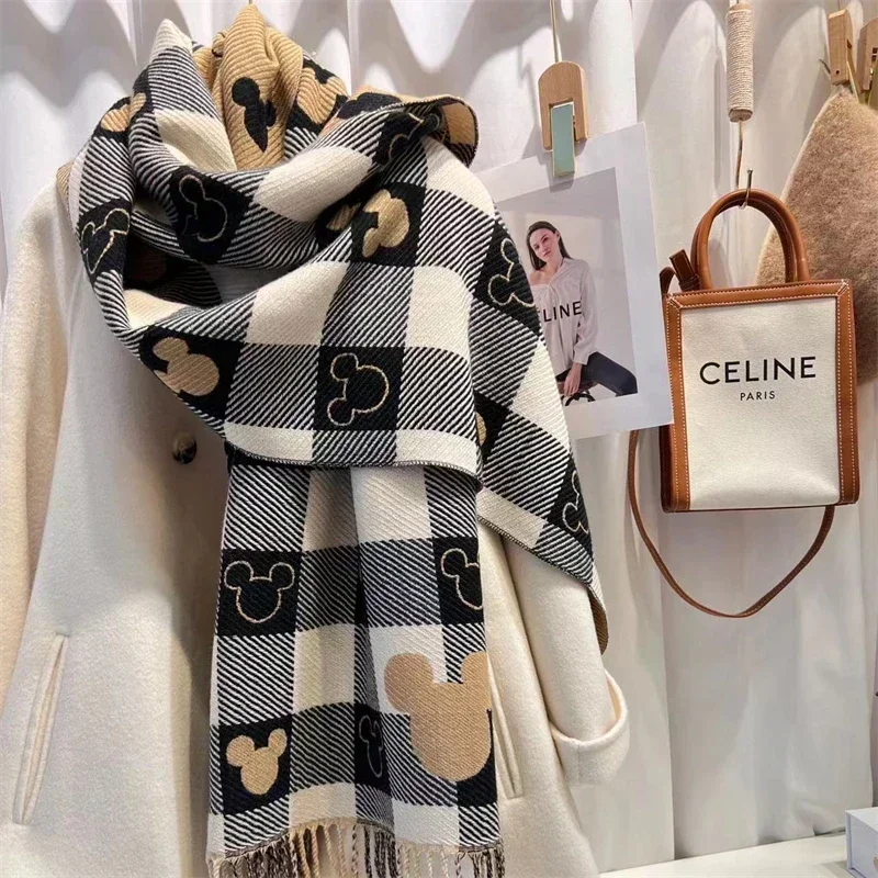 Fashion Mickey Love Checkerboard Girls Scarf with Tassel Autumn Winter Warm Casual Cashmere Soft Neck Scarves Birthday Gifts