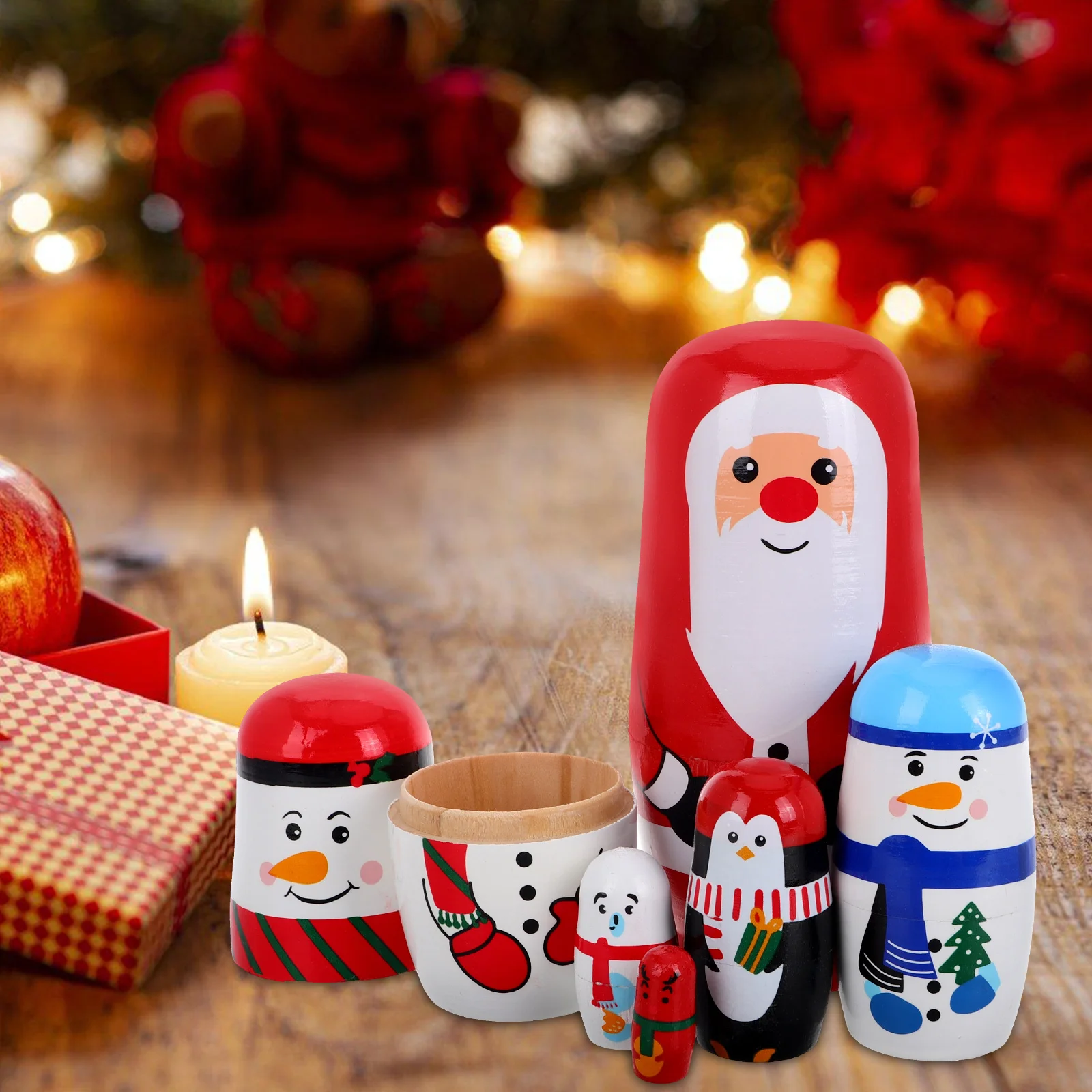 5 Layer Christmas Russian Nesting Dolls Decorative Wooden Toys Santa Snowman Set Stacking Dolls Craft Home Decor