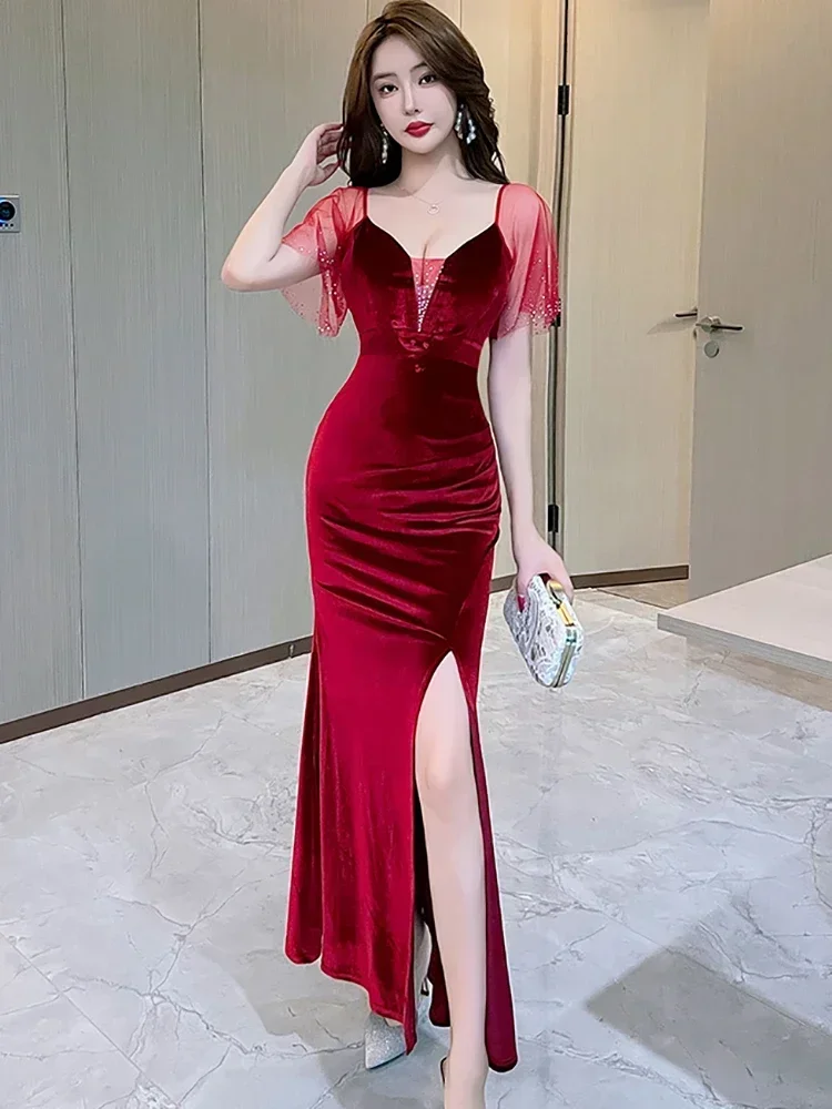 2025 เกาหลีBodyconชุดราตรีฤดูใบไม้ร่วงฤดูหนาวกํามะหยี่สีฟ้าChicเพชรSheerเซ็กซี่คลับชุดผู้หญิงElegant Luxury Long Robe