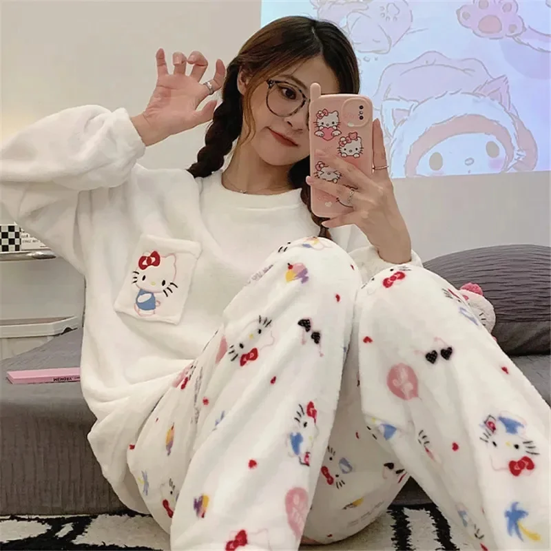 Sanrio Kuromi Hello Kitty Flannel Pajamas Suit Women Cute Anime Homesuit Winter Kawaii Cartoon Long Sleeve Pant Two-piece Set