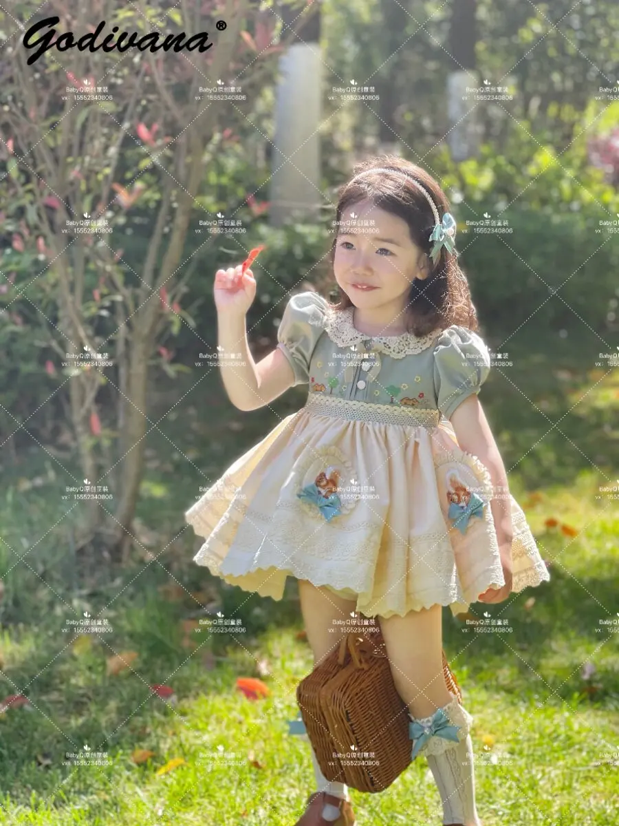 Cute Baby Girls Summer New Elegant Princess Dress Kids Doll Collar Lace Trim Puff Sleeve Cartoon Print High Waist Bow Ball Gown