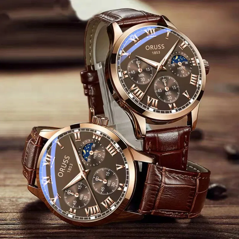 ORUSS Luxury Men\'s Quartz Watch Roman Dial Luminous Hands Waterproof And Comfortable Leather Strap High-Quality Men\'s Watches