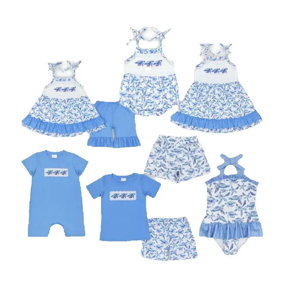 

Designer Boutique Baby Outfits Kids Fashion Short Sets Sea Turtle Embroidery Boys and Girls Sibling Clothes Summer