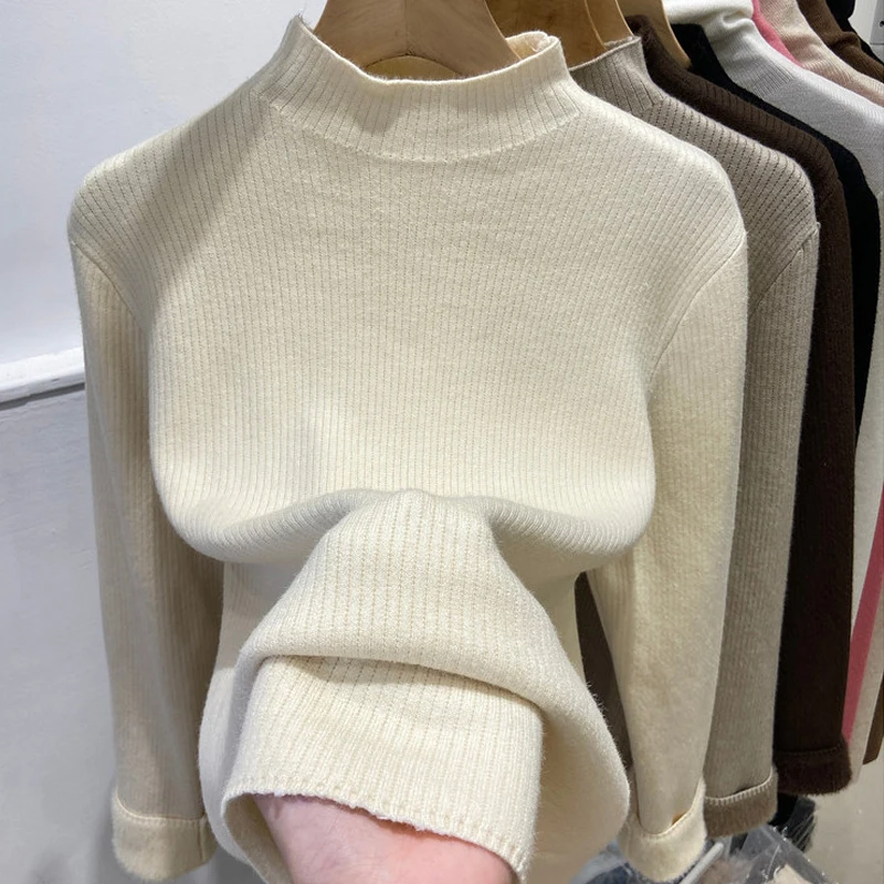 Women Versatile Half High Collar Long Sleeved Sweater Autumn Winter Slim Appear Thin Simplicity Solid Knitted Bottoming Shirt