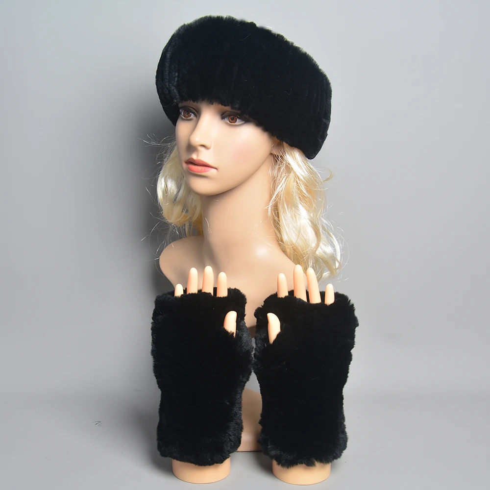 One Set Women Real Rex Rabbit Fur Cuffs Headband Winter Warmer Hat Arm Wrist Sleeve Gloves Female Real Fur Cap Elastic Wristband