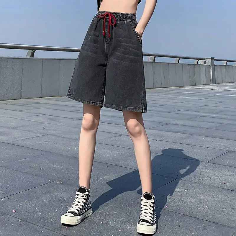 夏の新ストリートジーンズショートパンツ女性ミディハーフレングスデニムショートパンツレディースルーズワイドレッグショートファムパンツ
