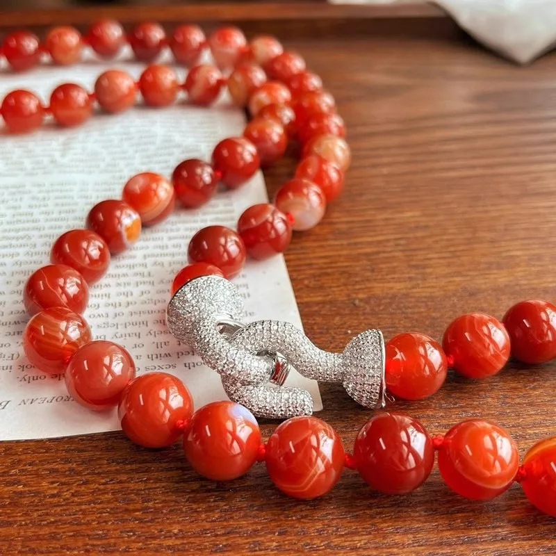 12mm large-grain natural salmon-patterned red agate long sweater chain designed for layering