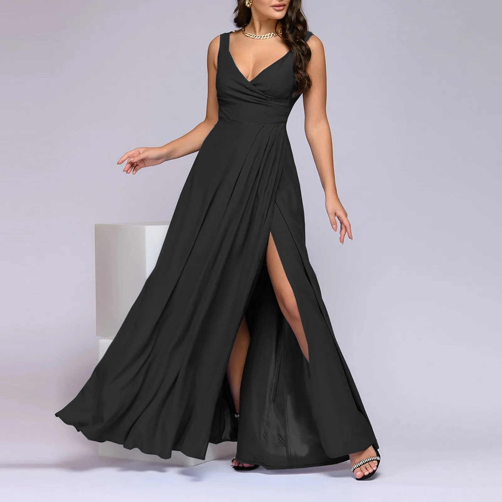 Vestidos de Noche elegantes con escote en V profundo para mujer, vestido Midi sin mangas con abertura en la cintura, ropa de fiesta para banquete, moda femenina, 2023