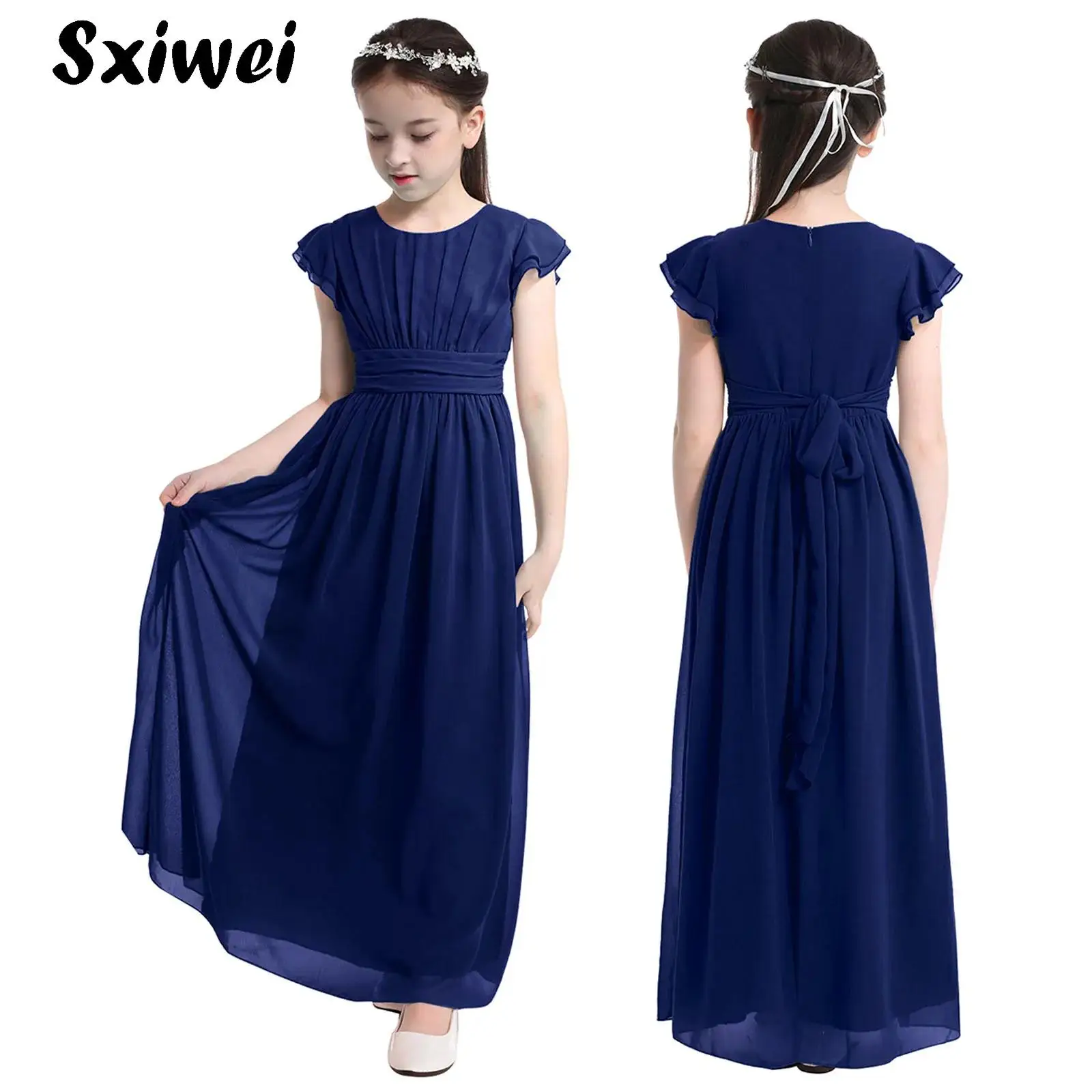 

Kids Flower Girls Elegant Chiffon Flutter Sleeves Princess Pageant Wedding Bridesmaid Birthday Party Long Dress Evening Gown