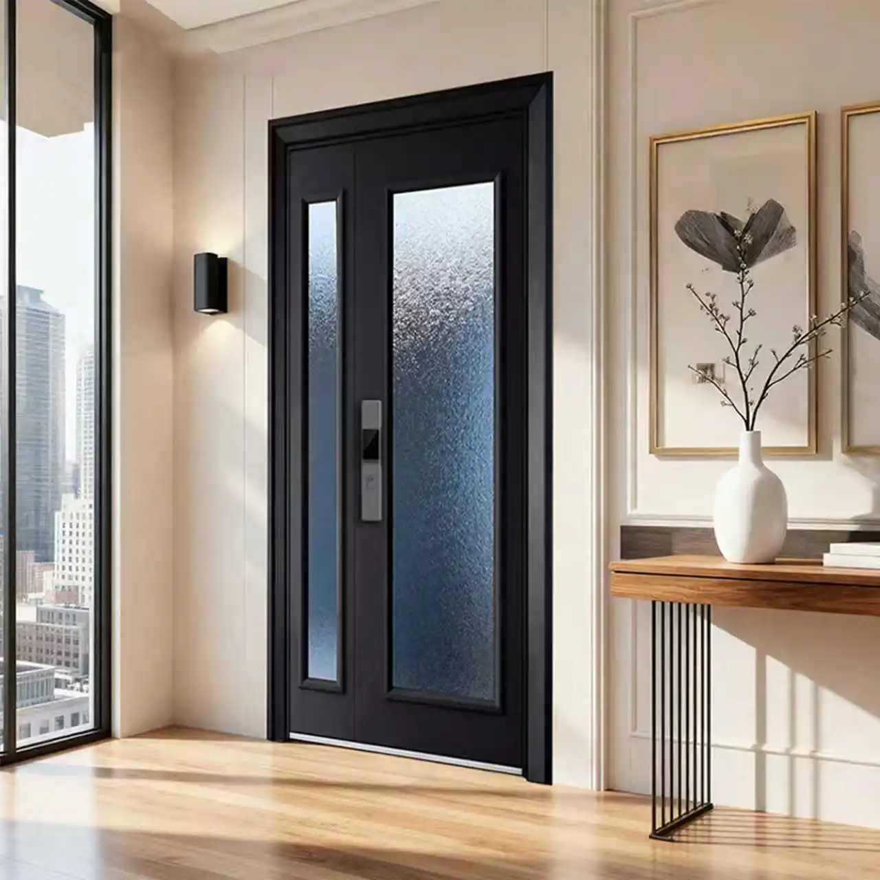 Custom cast aluminum glass door wood grain entrance door anti-theft villa gate can be connected to batch engineering double door