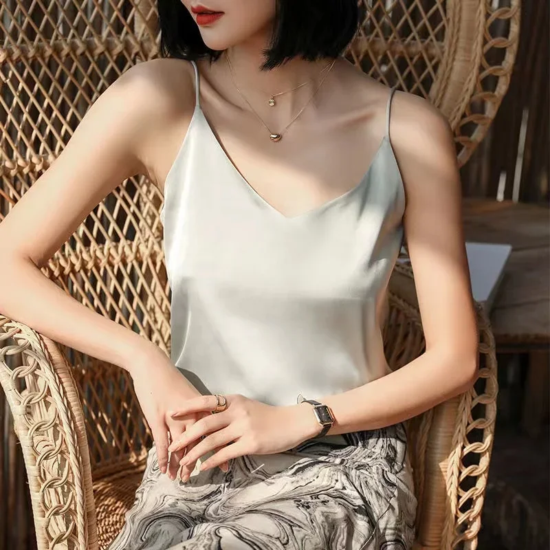 Fashion Strap Top Women Halter V Neck Basic White Cami Sleeveless Satin Silk Tank Tops Women\'S Summer Camisole