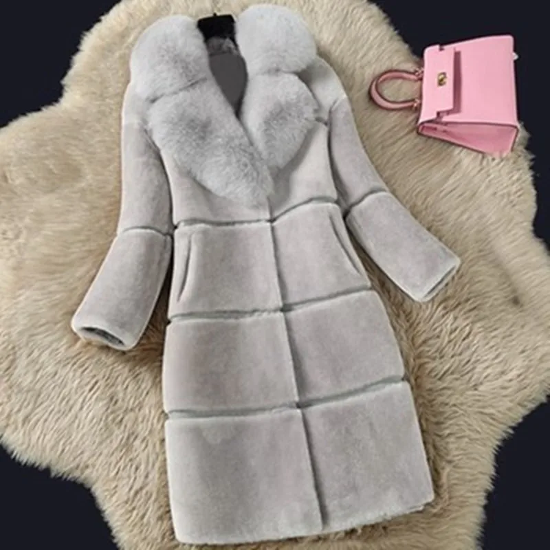 Winter Korean Version Women\'s New Faux Sheep Shearing Fur Coat Medium Length Faux Fur Collar Coat Office Lady Traf Parkas