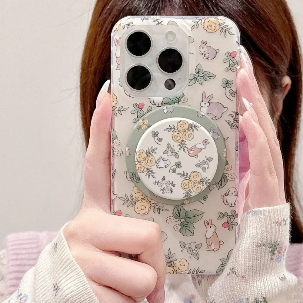 Чехол для телефона MagSafe с беспроводной зарядкой и рисунком кролика, магнитный кронштейн с деревенским цветком, подходит для iPhone 17, Samsung