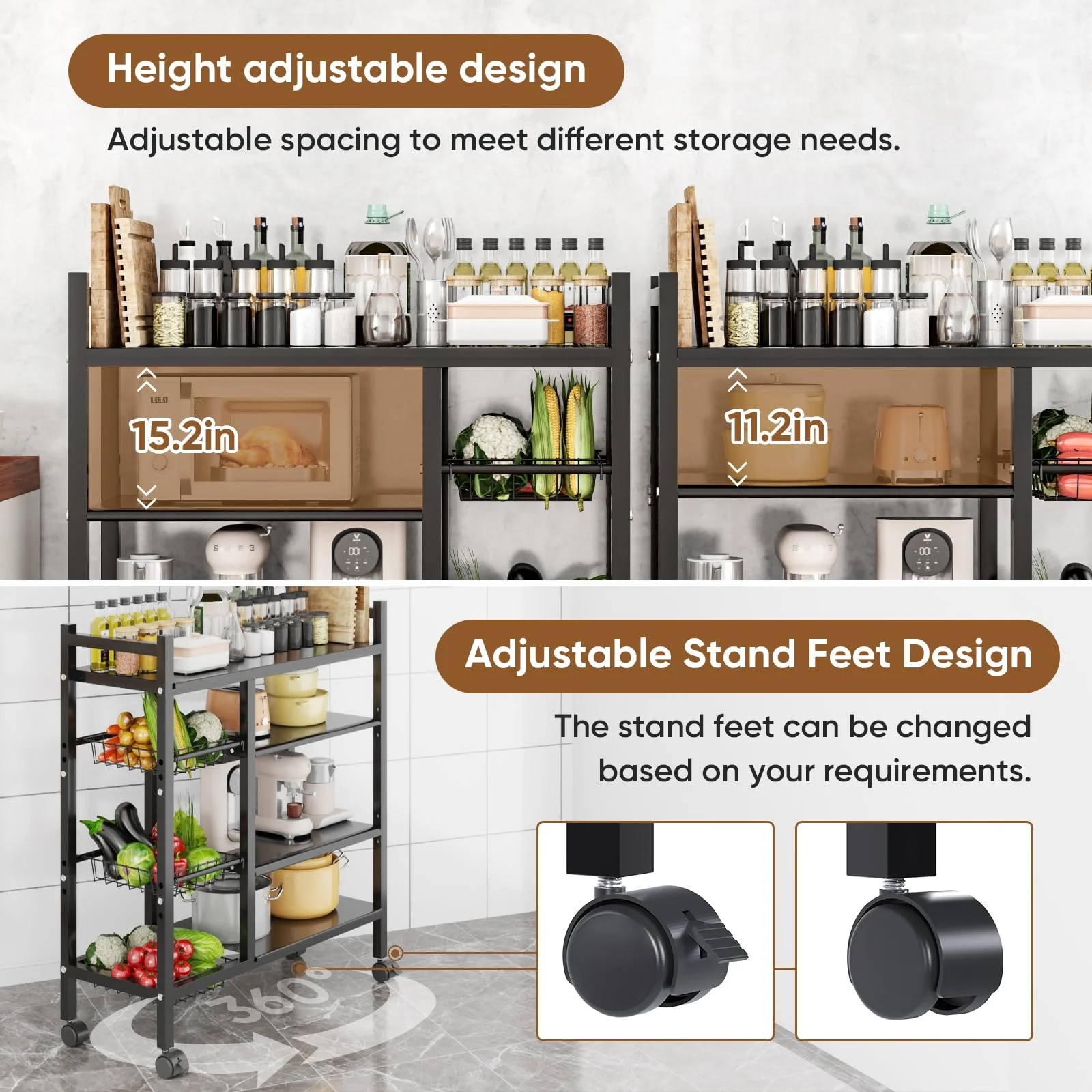 1 movable kitchen vegetable basket storage rack for kitchen storage and supplies storage, suitable for basic accessories in garages, kitchens, and home garages