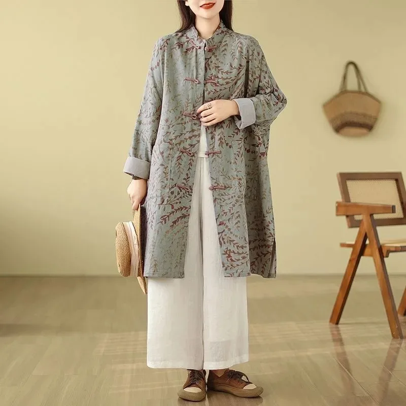 

Women's New Chinese Style Leaf Print Long Coat Mandarin Collar Frog Button Loose Linen Blend Tunic