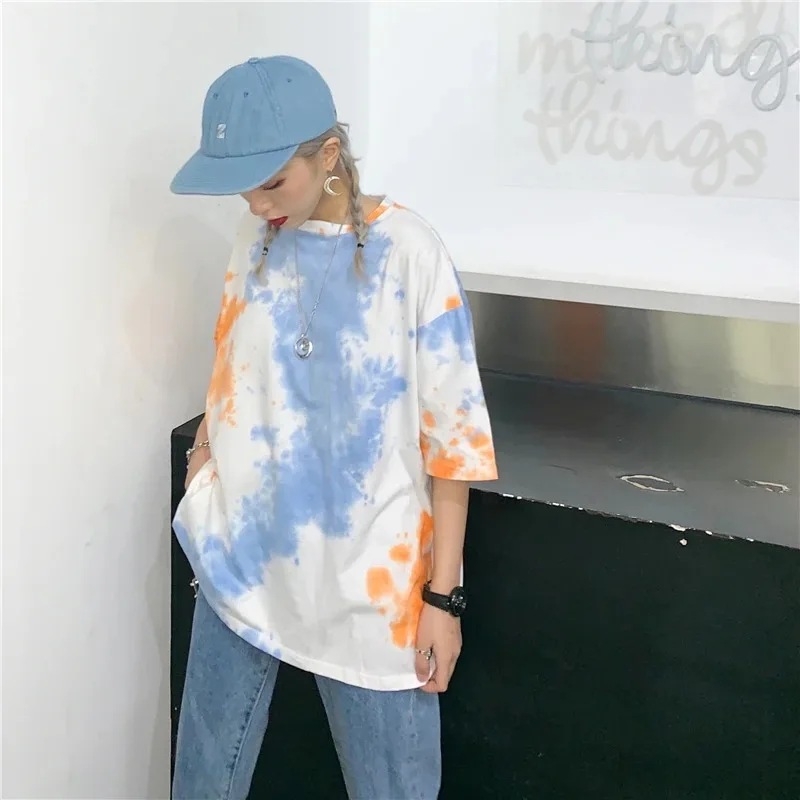 Couples Summer Instagram Harajuku Style Tie Dyed Short sleeved Top New Fashion Loose Casual Academy T-shirt Y2K Street Clothing