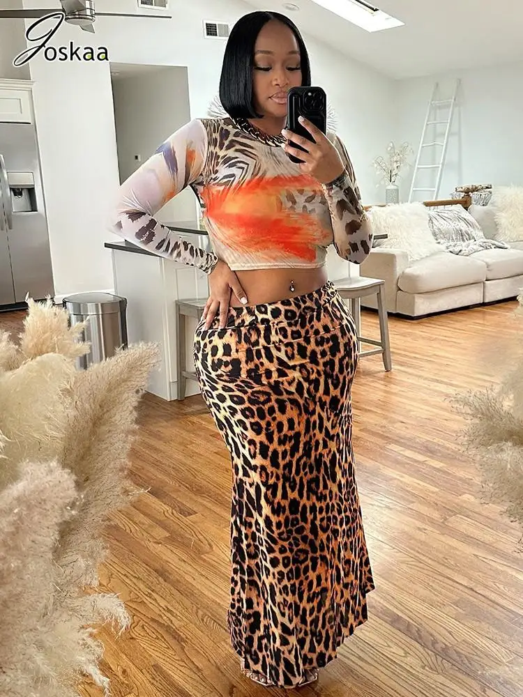 

Joskaa Leopard Print 2 Piece Sets Women Hipster Full Sleeve Crop Tops and Maxi Skirt Matching 2025 Summer Holiday Party Clubwear