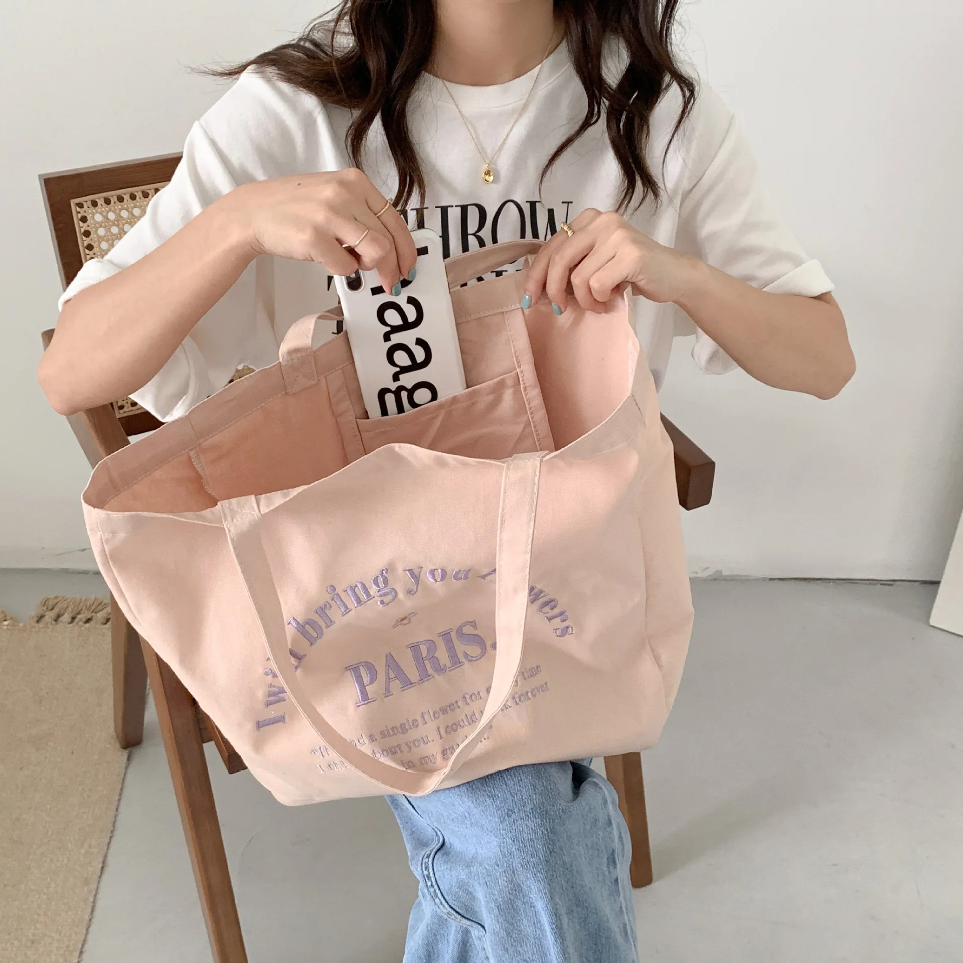 Letter Embroidered Women\'s Canvas Shoulder Bag Large Capacity Student Girls Travel Casual Tote Handbags Female Eco Shopping Bags