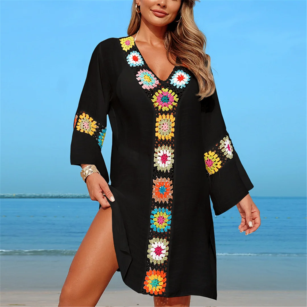 Bedrucktes, langärmeliges, gehäkeltes Strick-Tunika-Strandkleid, Strandmode, Strandbekleidung, Strand-Cover-up, Damen, V7208 – Detail 8