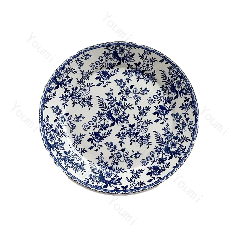 Retro Chinese Style Dining Plates Light Luxury Small Flowers Ceramic Plate Afternoon Tea Dessert Fruit Plate Exquisite Tableware