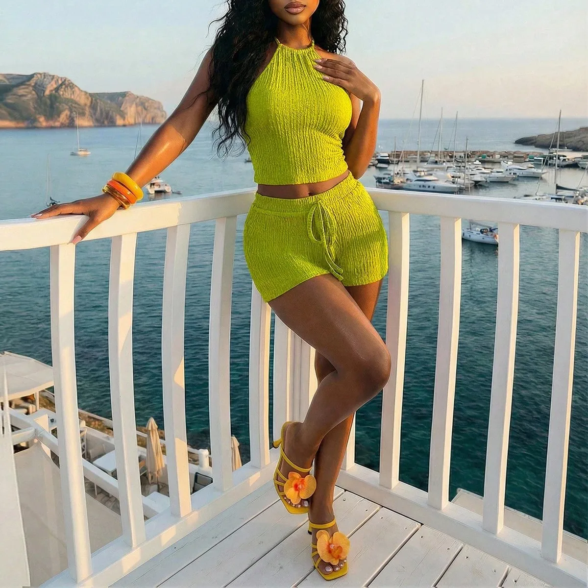 

Women's 2-piece Set Shorts Sleeveless Crop Top Short Pants High Waist Drawstring Waist Summer Shorts Solid Color Casual Shorts