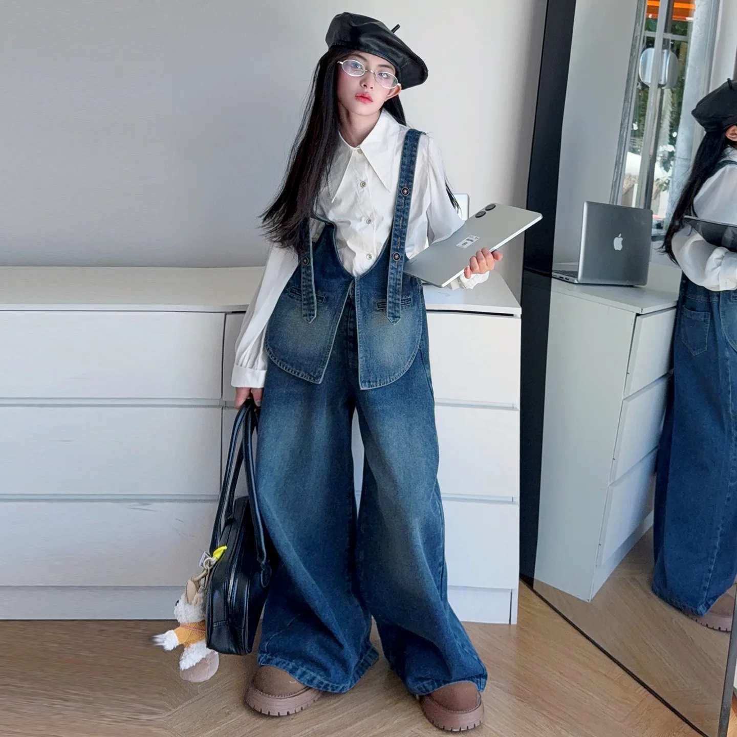 

Junior Girl 2pcs Outfit Autumn Children Girl Lapel Single-breasted T-shirt School Girls Patchwork Denim Suspender 4-14Y Girl Set