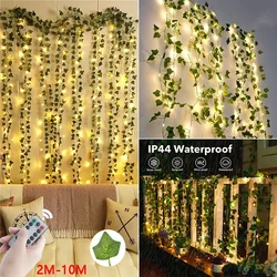 Guirnalda de luces de hojas verdes y flores, guirnaldas de vid artificiales con batería, guirnalda de árbol de Navidad, luz para deshierbe, decoración del hogar