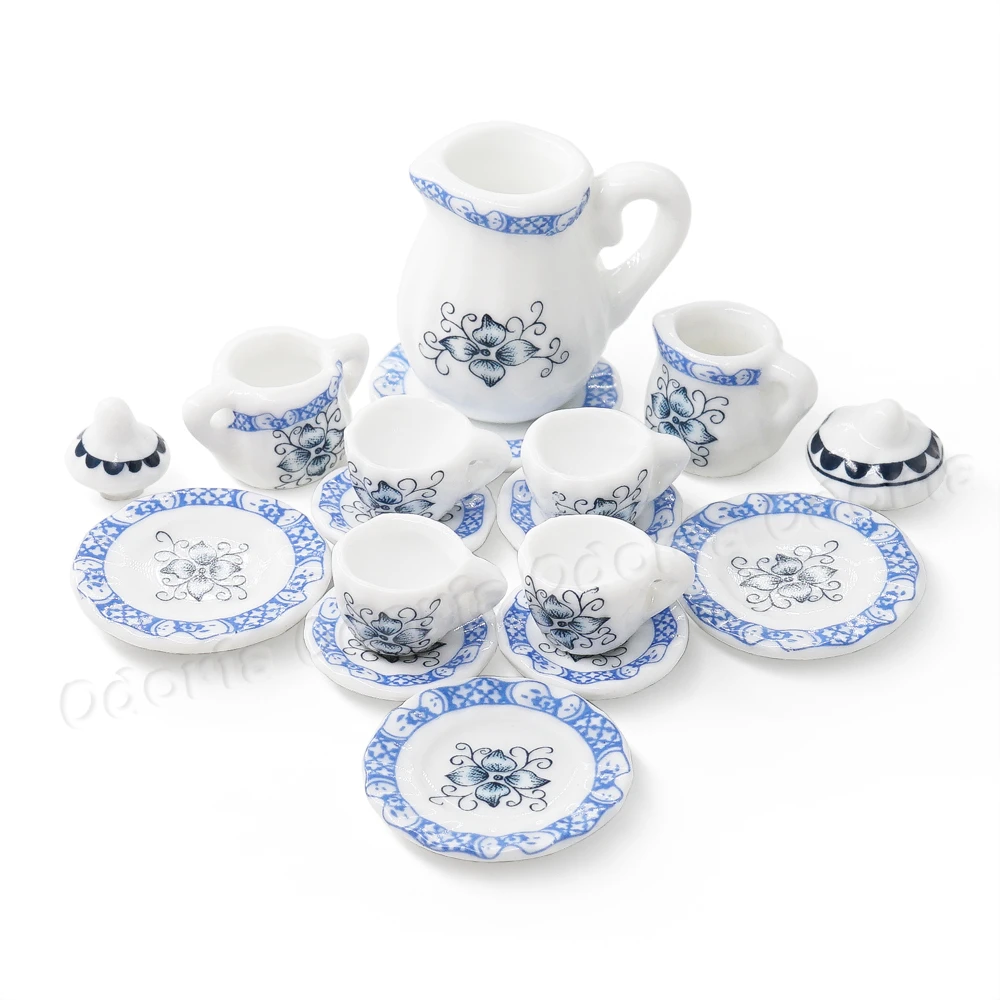 Odoria 1:12 Miniature 15PCS Blue Petals Porcelain Tea Set Ceramic Teapot Cups Dollhouse Kitchen Accessories Decor