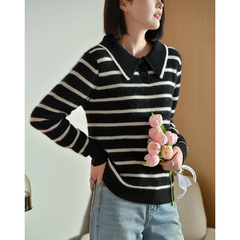 Cashmere Pullover Sweater Autumn/Winter Casual Striped Knit Loose POLO Collar Ladies' Tops Thickened 100% Pure Wool Blouse