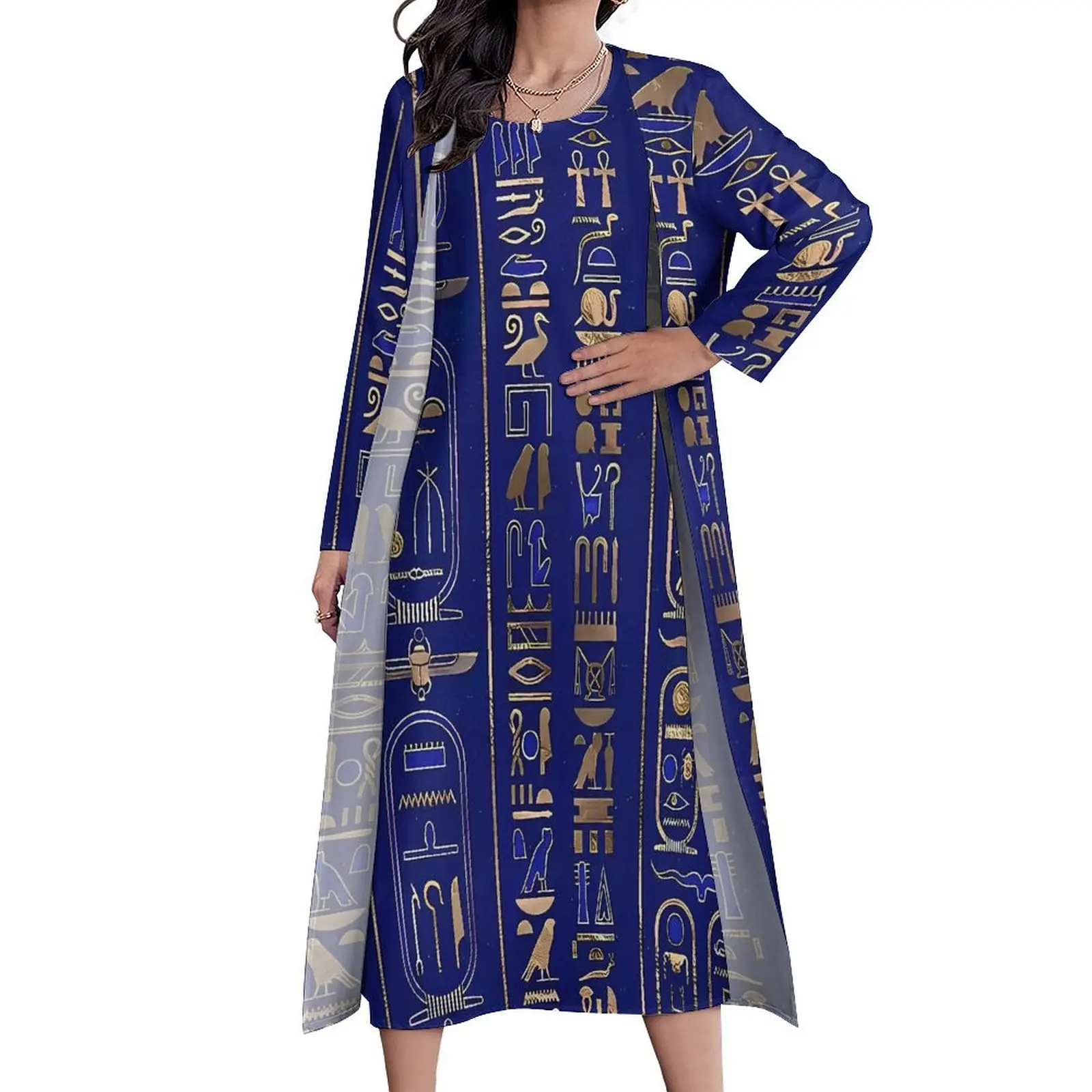 Ancient Egyptian Art  Hieroglyphs Gold Dress  Party Maxi Dress Two Piece Pattern Casual Long Dresses Fashion Oversized Vestidos