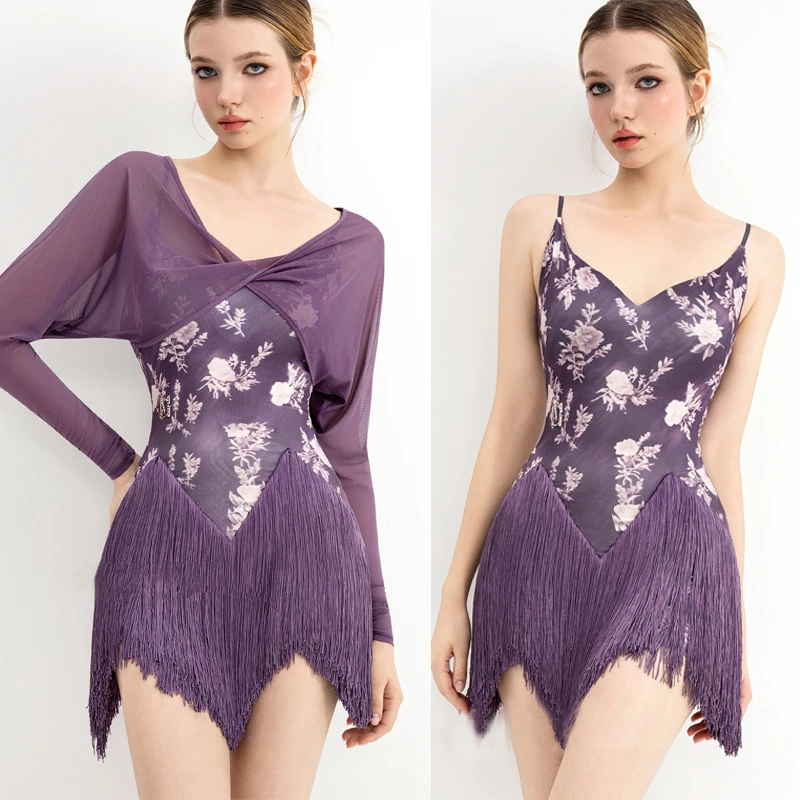 

Purple Sleeveless Latin Dance Fringed Dress Adults Chacha Rumba Latin Dance Dresses Ladies Performance Dancing Suit SL13506