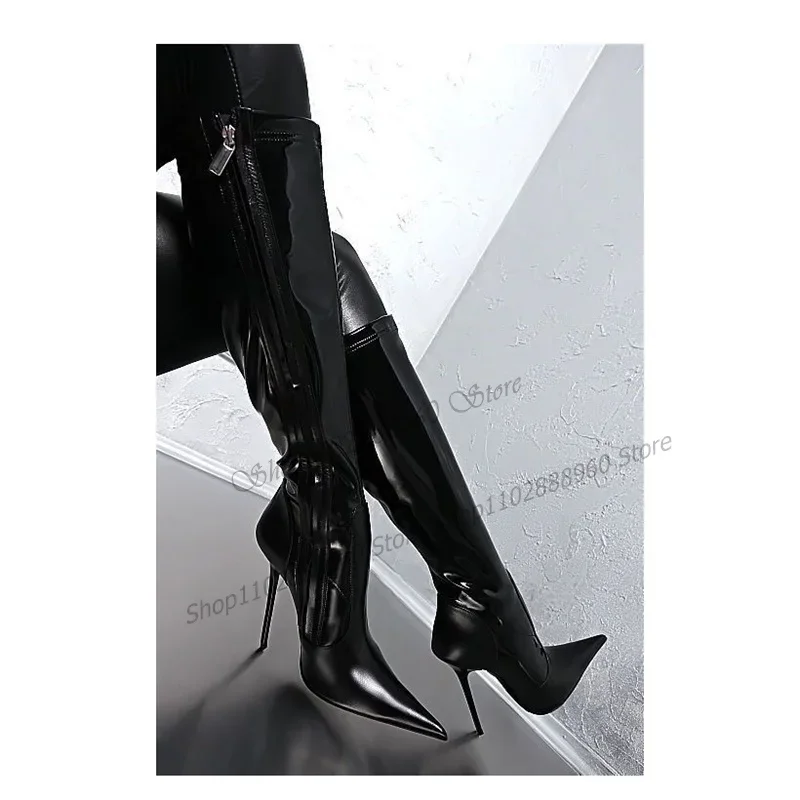 Knee High Black Leather Pointy Slim Boots Stilettos High Heel Women Shoes Side Zipper Pointed Toe Gogerous Sexy Women Boots