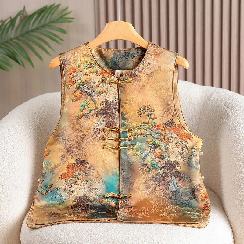 

Traditional Chinese Clothing Women Hanfu Vests Spring Autumn Buttons, Chinese Jacquard New Style Tops, Retro Printed Oversized