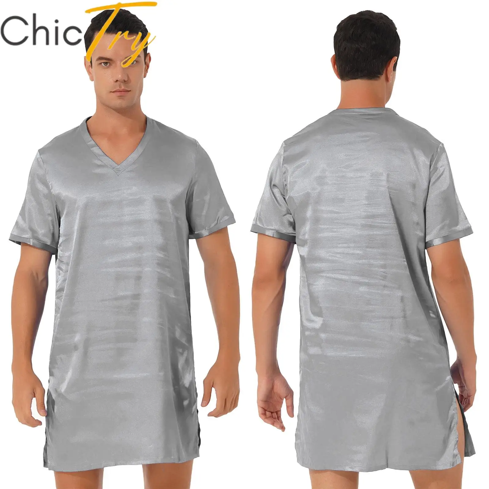 Men Women Silk Satin Nightgown Summer Short Sleeve Sleepwear Nightwear Homewear Sleepwear Tops Clothes Side Split Nightwear Plus