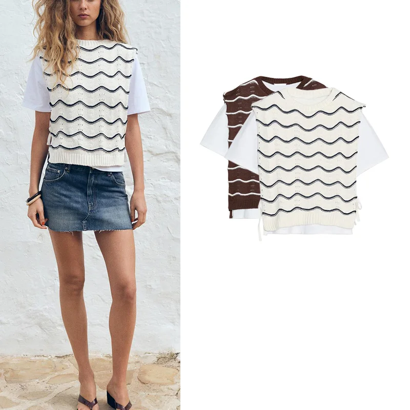 

Spring Summer New Women's Knot Decorated Knitted Fabric Vest Patchwork round Ne Fake Two-Piece T-irt