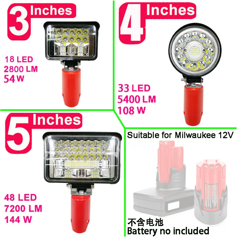 N12 Car LED Work Lights Flashlight Electric Torch Spotlight Desk Lamp for Milwaukee 12V Li-ion Battery High Low Ceam Control