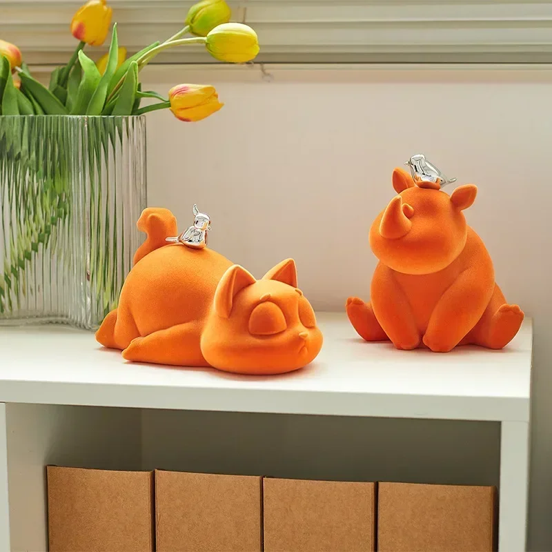 Nordic Luxury Flocking Cat Sculpture Home Decoration Accessories Kawaii Rhino Statue Art Living Room Aesthetic Room Decoration