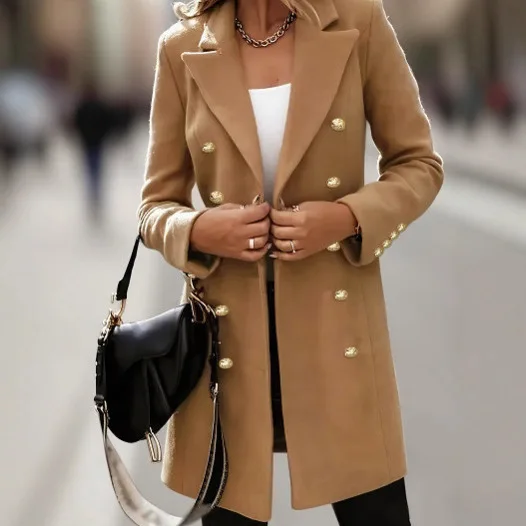 

Women's Long Sleeve Suit Collar Double Buttoned Quilted Jacket Coat Commute Style New Arrival Fashionable Outerwear