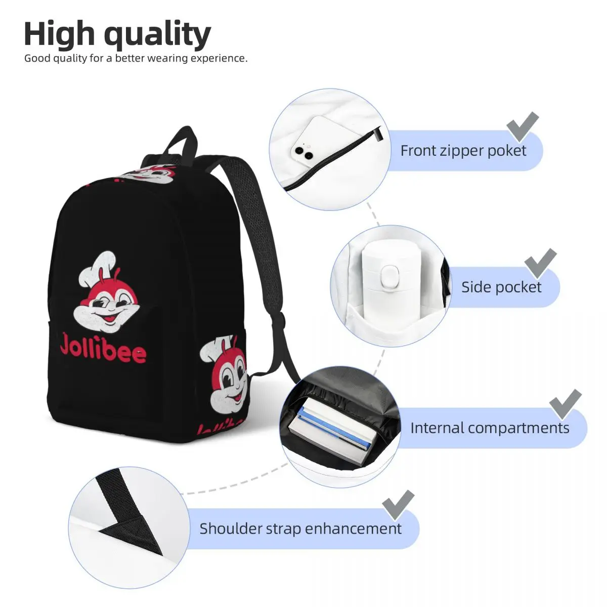 Jollibee Burger Restaurant Mascot Student Backpack School Bag Hiking Travel Daypack for Boys Girls Bookbag Shoulder Bags