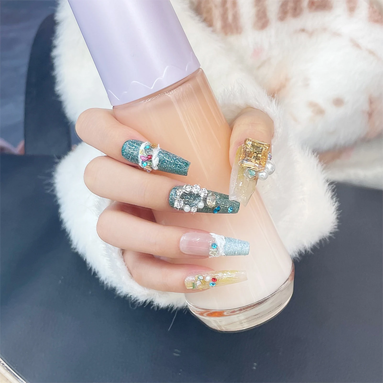 Blue Gold Long Fake Nails with Glitter Chip-Proof Smudge-Proof Fake Nails for Fingernail DIY Decoration