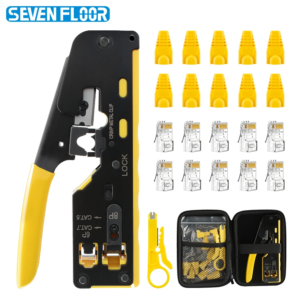 

RJ45 Network Tool Kit with CAT5 CAT6 CAT7 Crimper Tool Pass through Connectors and Plug Covers Mini Wire stripper Storage Bag