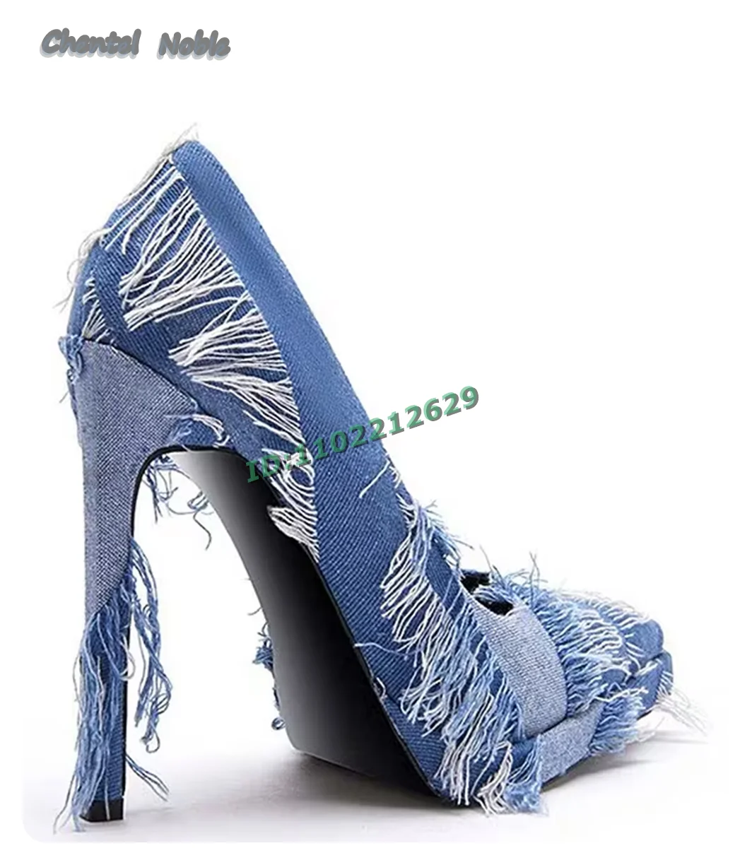 

Denim Platform Shallow Slip-on Pumps Pointed Toe Thin High Heels Women Stilettos Solid Back Strap Shoes Fashion Hottest Summer