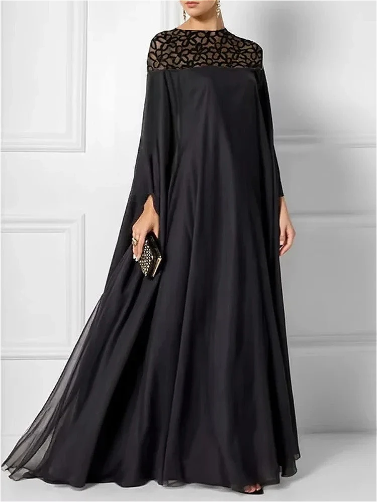 

Krisstargirls 2026 Women Black Evening Dress, Batwing Sleeve See-Through Hook Pattern Hollow Loose A-line Muslim Robe Gown