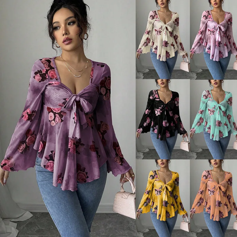 قميص علوي نسائي أنيق بياقة مربعة وأكمام طويلة قمصان Blusa Elegante Manga Larga Kadın Ip Askelig Bluz Бluosna Жénarska #2