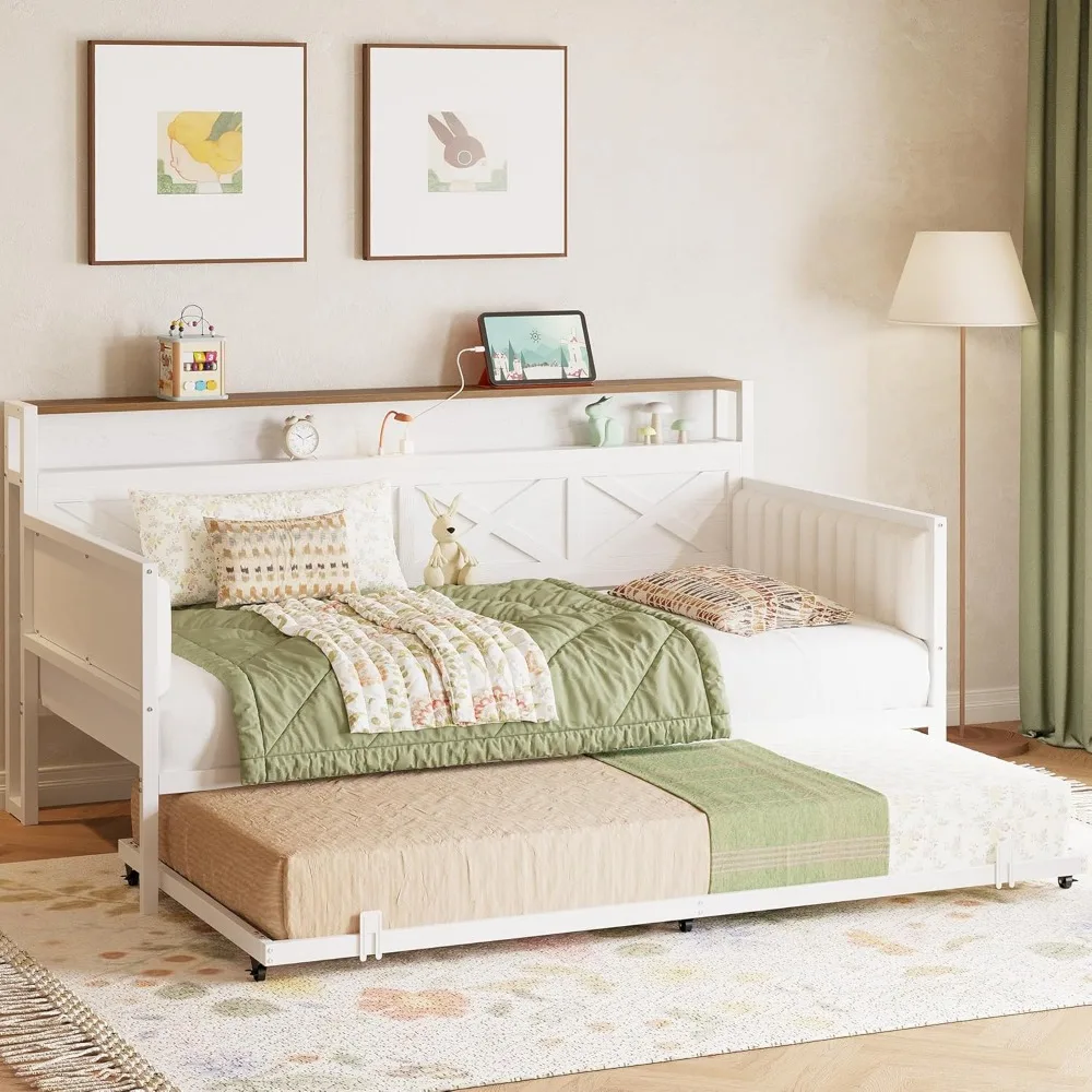 Sofá cama con nido, estructura de cama doble de metal resistente con estructura en forma de X, sofá cama tapizado de granja con estación de carga