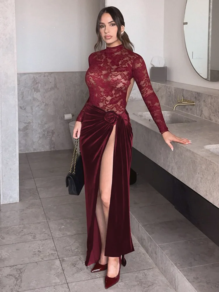 Mozision Lace Patchwork Velvet Sexy Maxi Dress For Women Wine Red O Neck Sheer Long Sleeve Backless Slit Club Party Long Dress